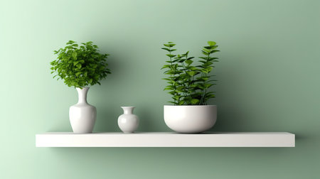 White shelf with plant in pot on green wall. 3D renderingの素材