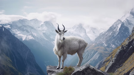 mountain goat on the background of snow-capped mountain peaksの素材