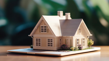 Miniature model house on laptop computer. Business and finance concept.の素材