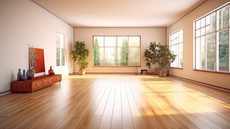 Empty room with large window and wooden floor. 3D rendering.の素材