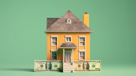 House with dollars on green background. Real estate concept. 3D renderingの素材