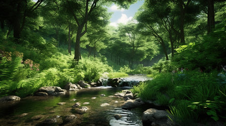 Summer landscape with a river and trees in a beautiful green forest.の素材