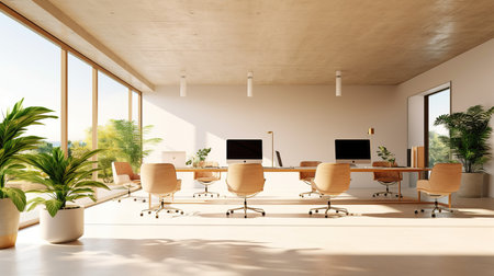 Contemporary office interior with white walls, wooden floor, rows of beige computer tables and chairs. 3d rendering mock upの素材