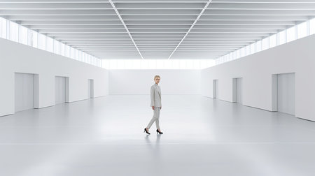 Businesswoman in modern interior with white walls and floor. Mixed mediaの素材