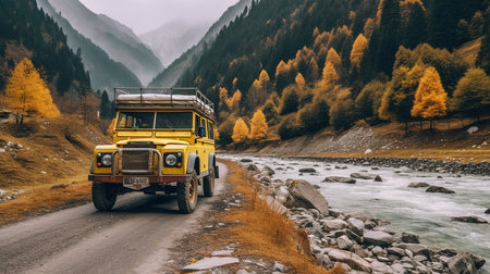 Vintage yellow off-road car on the road in the mountainsの素材