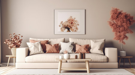 Interior of living room with beige sofa, coffee table and flowers. 3d renderの素材