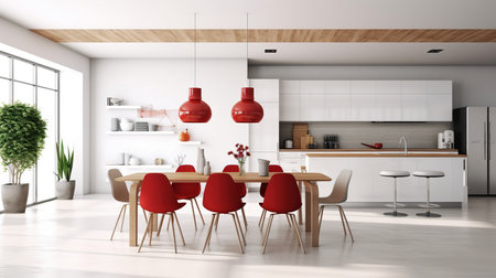 Interior of modern kitchen with white walls, tiled floor, white cupboards and wooden tables with red chairs. 3d renderingの素材
