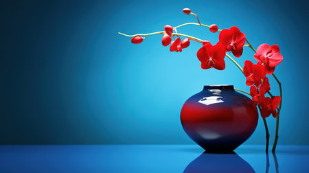Red vase with orchid on blue background. 3d illustrationの素材