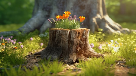 Beautiful spring flowers in a pot on a stump in the forestの素材