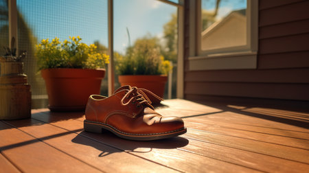 A pair of brown leather shoes on the porch of the house.の素材