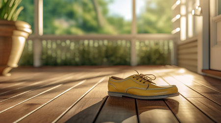 3d rendering of a yellow sneaker on a terrace.の素材
