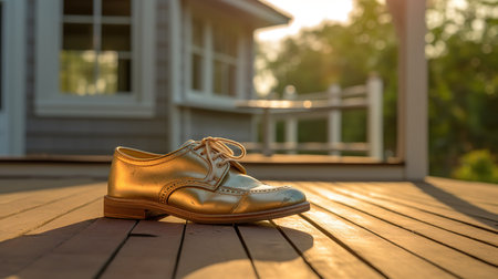 Wedding shoes on a terrace with a house in the backgroundの素材