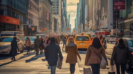 Manhattan street view with crowd of people walking.の素材
