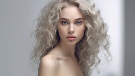 Portrait of a beautiful young blonde woman with curly hair, studio shotの素材