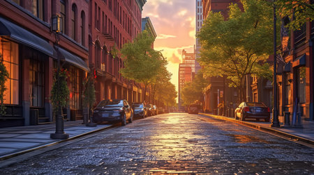 Street view of downtown Boston at sunset, Massachusetts, United States.の素材