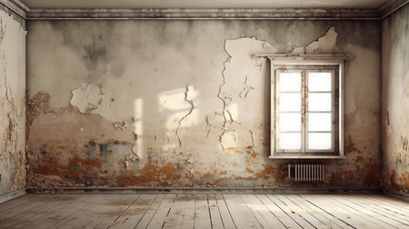 Old room with window and broken wall - 3d rendering illustration.の素材