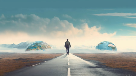 Conceptual image of businessman standing on road and looking at planetの素材