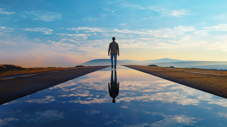 Man standing on the road with reflection in the water. 3d renderの素材