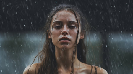 Portrait of young beautiful woman under the rain in the shower.の素材