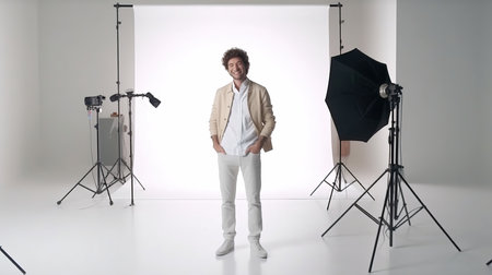 Male model posing in photo studio with professional equipment and lighting equipment.の素材