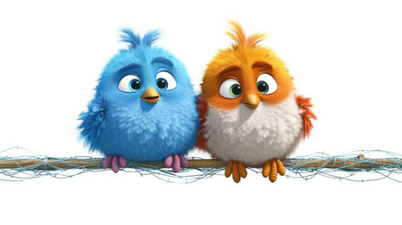 Two cute blue birds on a white background. Isolated 3D imageの素材