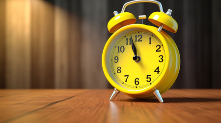 Yellow alarm clock on a wooden table. 3d render illustration.の素材