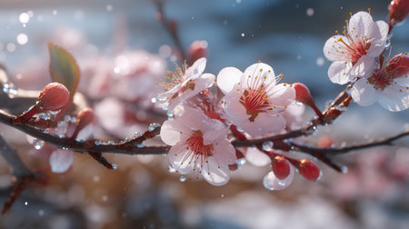 Cherry blossom in spring with water drops, close-upの素材