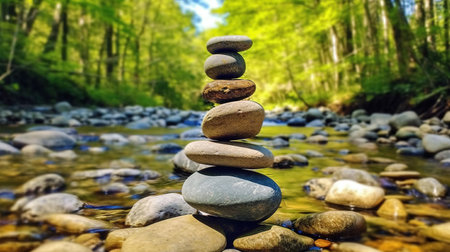 Stones stacked in the river. Concept of balance and harmony.の素材