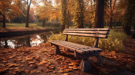 Wooden bench in the autumn park. 3d render illustration.の素材