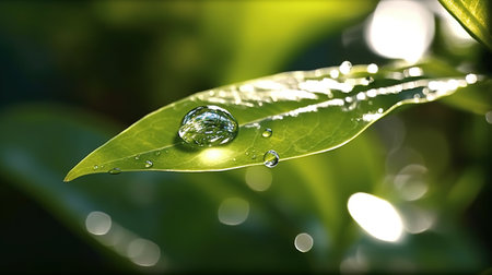 Water drop on green leaf with bokeh sun light background.の素材