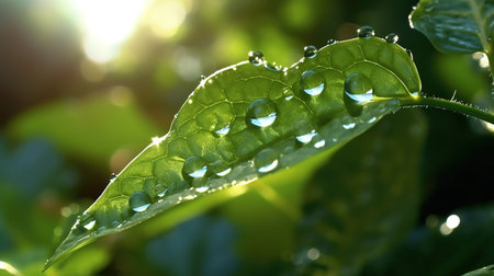 Water drops on green leaf in morning sunlight. Nature background with copy space.の素材
