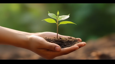 Human hands holding a green sprout with soil over blurred nature backgroundの素材