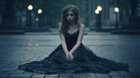 Beautiful young woman in black dress sitting on the street at nightの素材