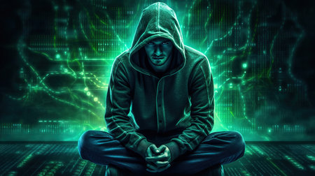 Hooded man sitting in lotus pose with binary code on backgroundの素材