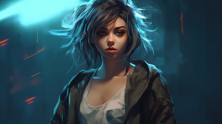 Portrait of a beautiful girl with blue hair in a raincoatの素材