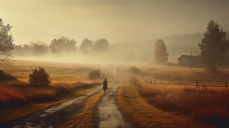 Foggy morning in the countryside. A man walks along the country road.の素材