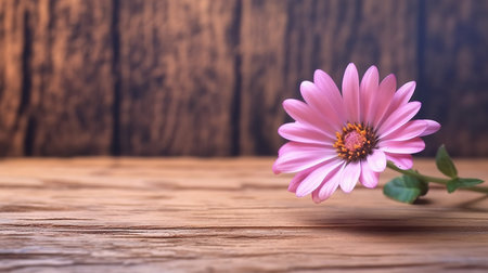 Pink daisy flower on wooden background with copy space for text.の素材