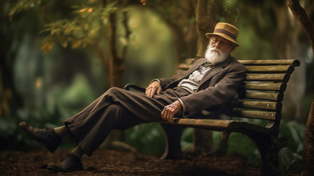 Portrait of an old man sitting on a bench in the parkの素材