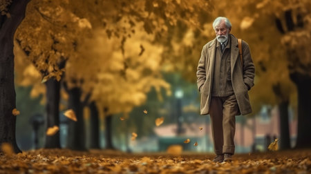 Elderly man walking in autumn park. Fall season concept.の素材