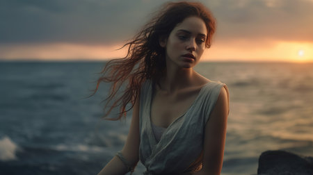 Beautiful girl in the sea at sunset. Portrait of a young woman on the seashore.の素材