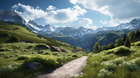 Beautiful mountain landscape with a path in the middle of the valleyの素材