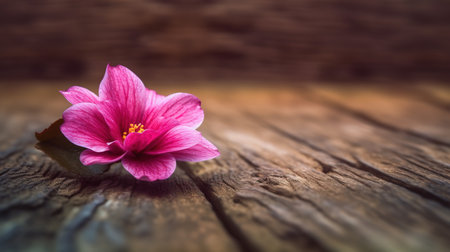 Pink flower on wooden background with copy space for text or image.の素材