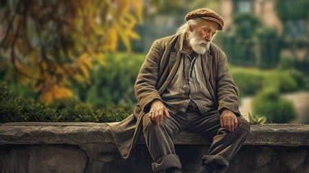 Portrait of an old homeless man sitting on a bench in the parkの素材