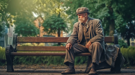 Elderly man sitting on a bench in the park. Old man in a hat.の素材