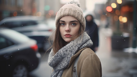 Beautiful young woman walking in the city on a winter day.の素材