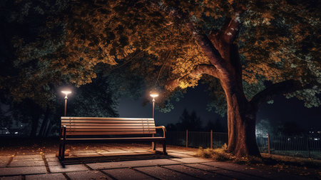 Bench in the park at night with lanterns. 3d renderingの素材