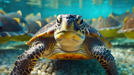 Turtle swimming in the water. Close-up of a sea turtle.の素材