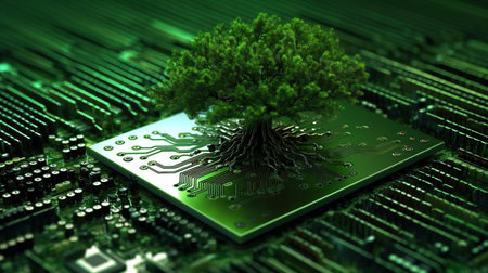3d illustration of tree growing on circuit board, concept of technologyの素材
