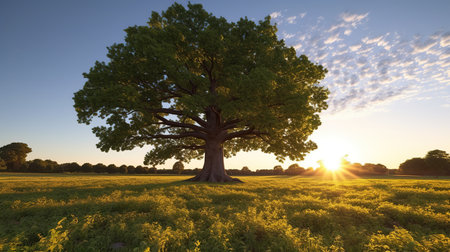 Old oak tree in the meadow with yellow flowers at sunset.の素材