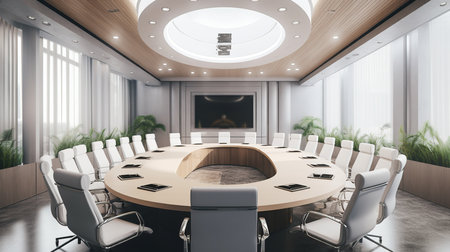 Modern conference room interior with round table and chairs. 3D Renderingの素材